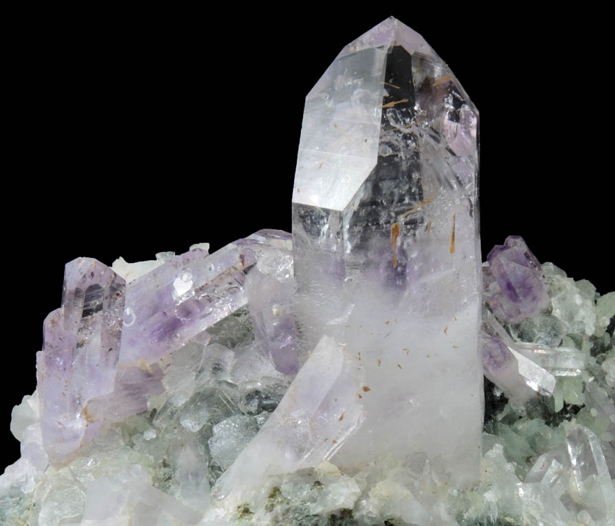 Quartz var. Amethyst with Hematite inclusions on Prehnite from Goboboseb Mountains, 43 km west of Brandberg Mountain, Erongo region, Namibia