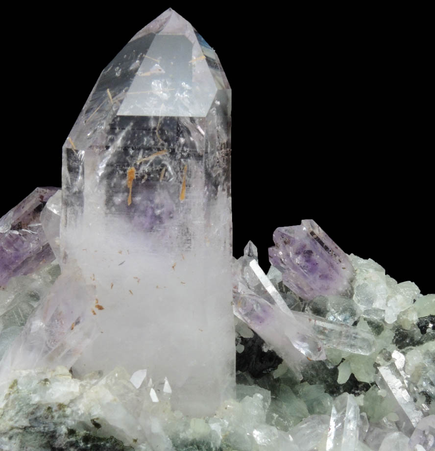 Quartz var. Amethyst with Hematite inclusions on Prehnite from Goboboseb Mountains, 43 km west of Brandberg Mountain, Erongo region, Namibia