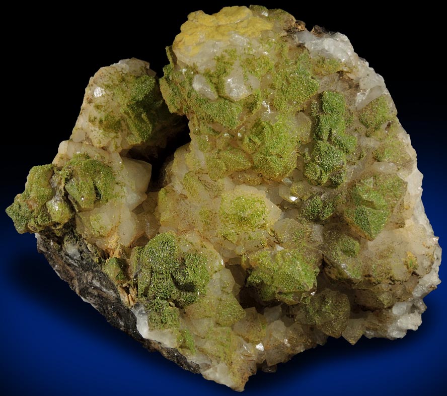 Pyromorphite on Quartz from Sarrowcole Vein, Laverock Hall, Leadhills, South Lanarkshire, Strathclyde, Scotland