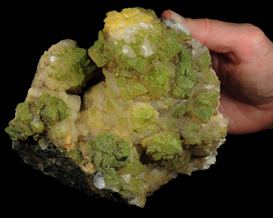 Pyromorphite on Quartz from Sarrowcole Vein, Laverock Hall, Leadhills, South Lanarkshire, Strathclyde, Scotland