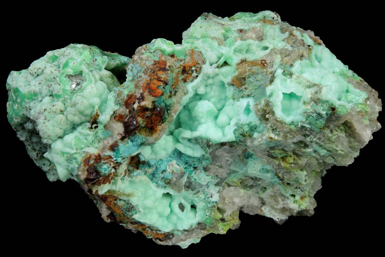 Phosphohedyphane, Chrysocolla, Mottramite, Pyromorphite over Quartz from Cove Vein, Whytes Cleuch, Wanlockhead, Dumfriesshire, Scotland