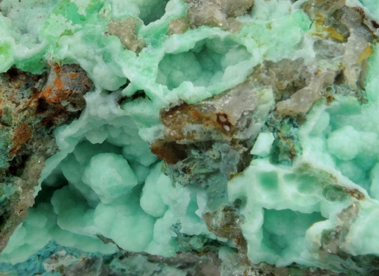 Phosphohedyphane, Chrysocolla, Mottramite, Pyromorphite over Quartz from Cove Vein, Whytes Cleuch, Wanlockhead, Dumfriesshire, Scotland