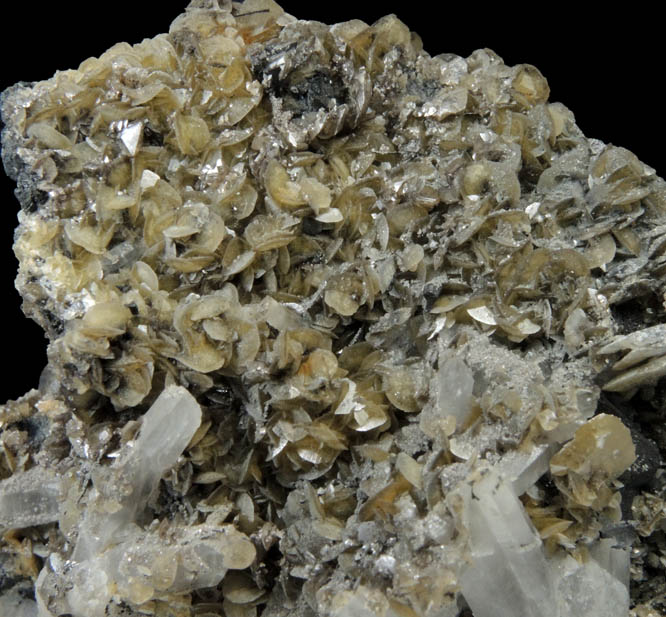 Stolzite casts after Wulfenite, Siderite, Quartz, Chalcocite, Djurleite on Germanite from Tsumeb Mine, 46 Level, Otavi-Bergland District, Oshikoto, Namibia (Type Locality for Germanite)