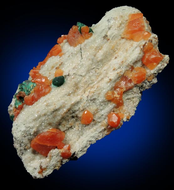 Cerussite (red-orange) with Malachite from Tsumeb Mine, Otavi-Bergland District, Oshikoto, Namibia