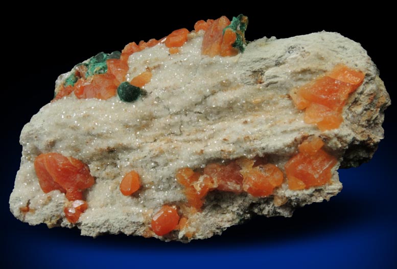 Cerussite (red-orange) with Malachite from Tsumeb Mine, Otavi-Bergland District, Oshikoto, Namibia
