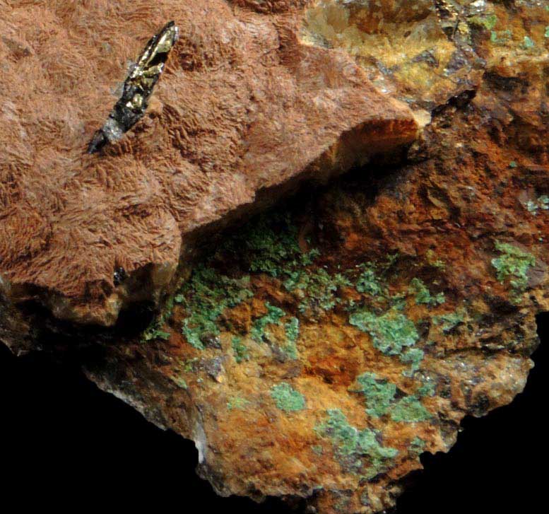 Chalcopyrite and Malachite with Limonite-coated Prehnite from Lower New Street Quarry, Paterson, Passaic County, New Jersey
