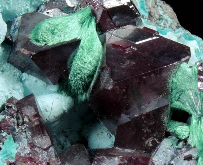 Cuprite with Malachite on Chrysocolla from Kambove Mining District, 130 km NW of Lubumbashi, Katanga Copperbelt, Lualaba Province, Democratic Republic of the Congo