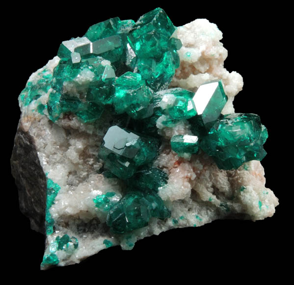 Dioptase on Calcite from Tsumeb Mine, 2nd Oxide Zone, Otavi-Bergland District, Oshikoto, Namibia