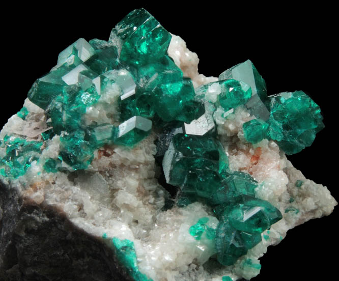 Dioptase on Calcite from Tsumeb Mine, 2nd Oxide Zone, Otavi-Bergland District, Oshikoto, Namibia