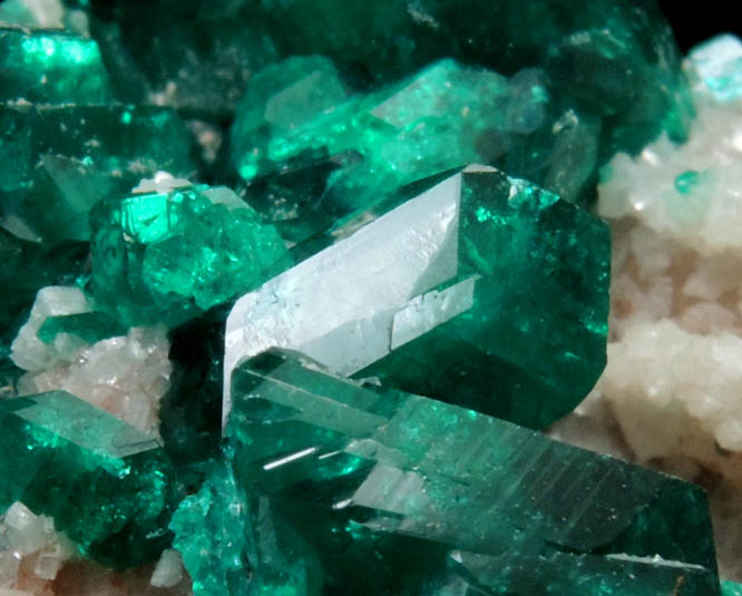 Dioptase on Calcite from Tsumeb Mine, 2nd Oxide Zone, Otavi-Bergland District, Oshikoto, Namibia