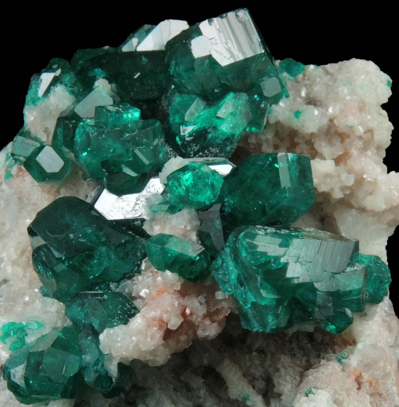 Dioptase on Calcite from Tsumeb Mine, 2nd Oxide Zone, Otavi-Bergland District, Oshikoto, Namibia