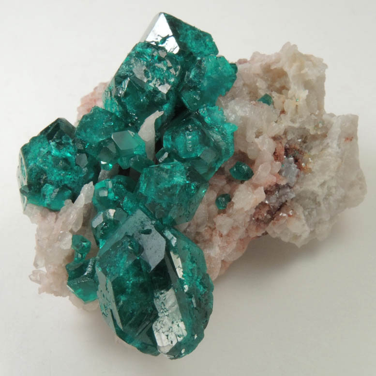 Dioptase on Calcite from Tsumeb Mine, 2nd Oxide Zone, Otavi-Bergland District, Oshikoto, Namibia