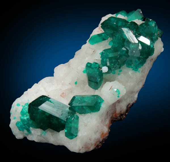 Dioptase on Calcite from Tsumeb Mine, 2nd Oxide Zone, Otavi-Bergland District, Oshikoto, Namibia