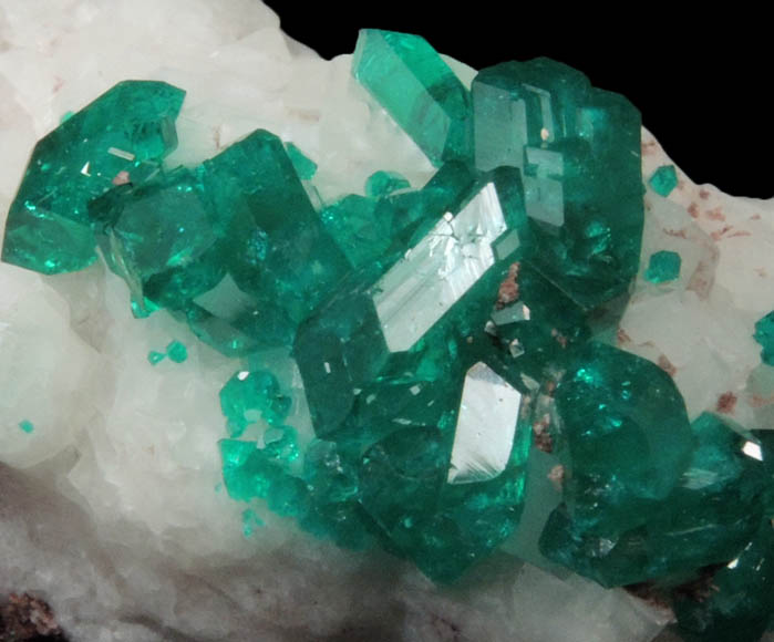 Dioptase on Calcite from Tsumeb Mine, 2nd Oxide Zone, Otavi-Bergland District, Oshikoto, Namibia