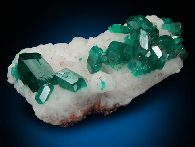 Dioptase on Calcite from Tsumeb Mine, 2nd Oxide Zone, Otavi-Bergland District, Oshikoto, Namibia