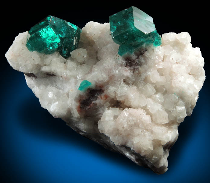 Dioptase on Calcite from Tsumeb Mine, 2nd Oxide Zone, Otavi-Bergland District, Oshikoto, Namibia