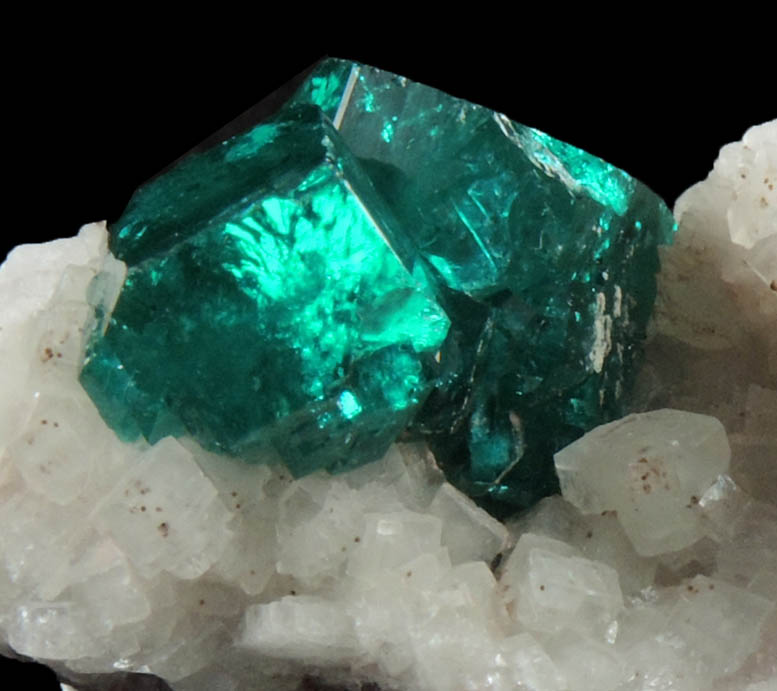 Dioptase on Calcite from Tsumeb Mine, 2nd Oxide Zone, Otavi-Bergland District, Oshikoto, Namibia