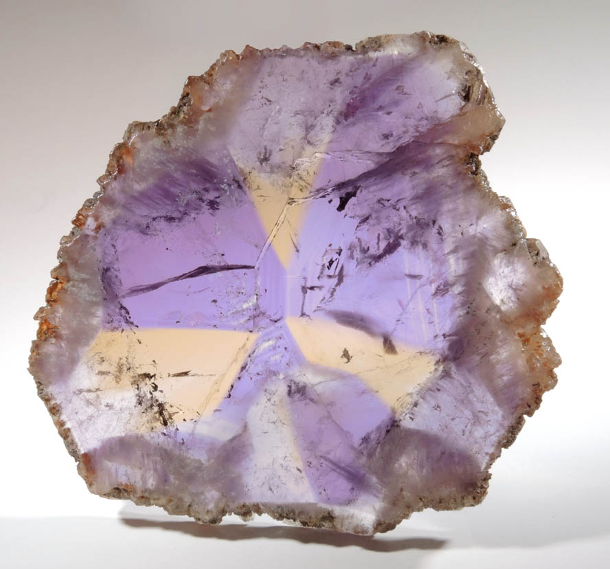 Quartz var. Ametrine Crystal polished slice (rare combination of amethyst and citrine) from Anahi Mine, La Gaiba District, Angel Sandoval Province, Santa Cruz Department, Bolivia