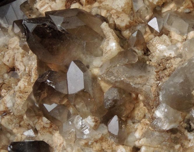 Quartz var. Smoky Quartz (Dauphin-law twins) on Microcline from Moat Mountain, west of North Conway, Carroll County, New Hampshire