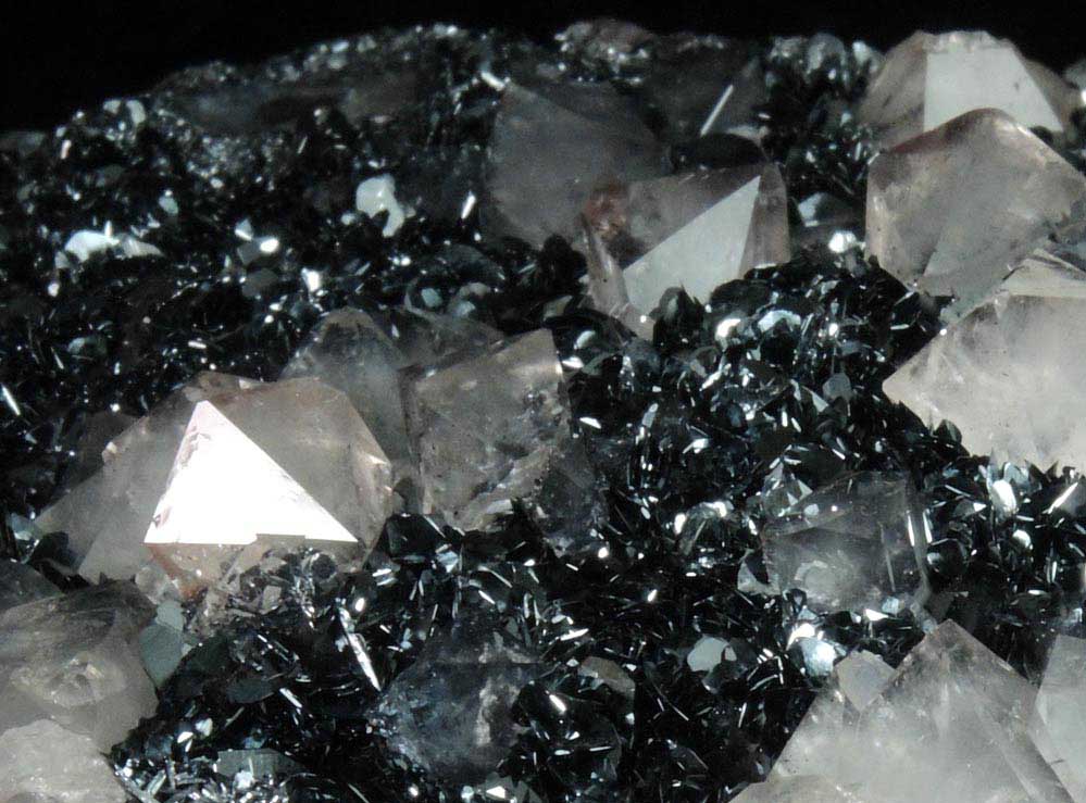 Quartz (di-pyramidal habit) on specular Hematite from Cumberland Iron Mining District, Cumbria, England