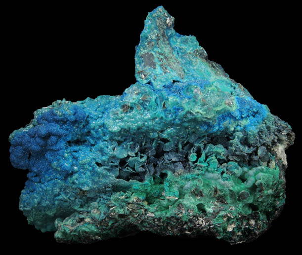 Cornetite, Malachite, Chrysocolla over Hematite from L'Etoile du Congo Mine, Lubumbashi, Katanga Copperbelt, Haut-Katanga Province, Democratic Republic of the Congo (Type Locality for Cornetite)
