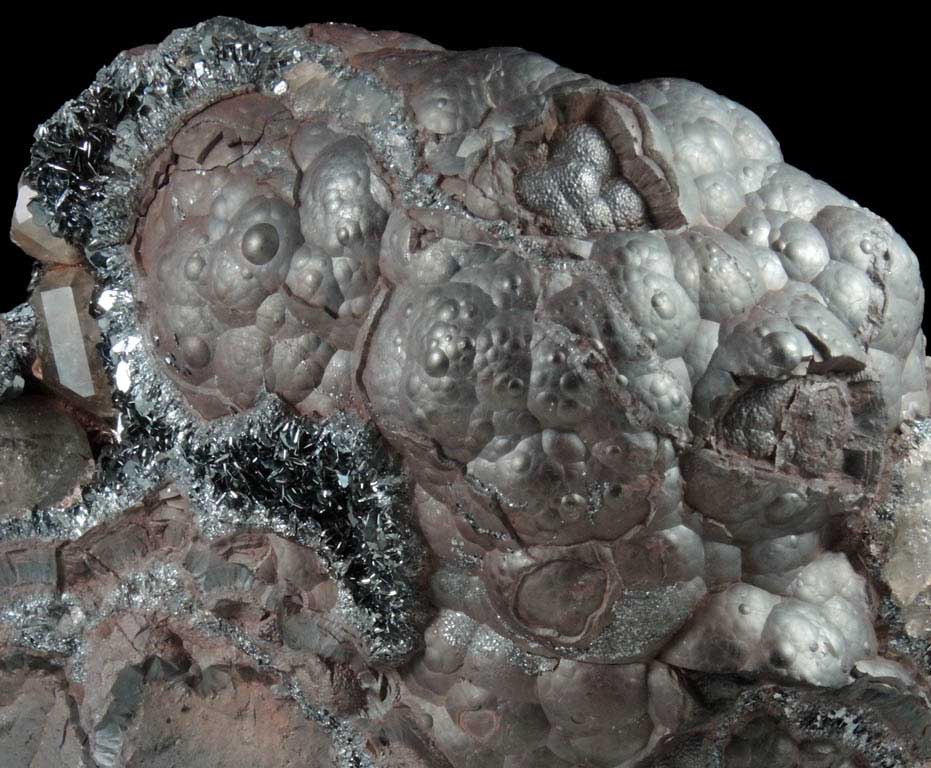 Hematite var. Kidney Ore with Quartz (di-pyramidal habit) on specular Hematite from Florence Mine, Egremont, Egremont, Cumbria, England