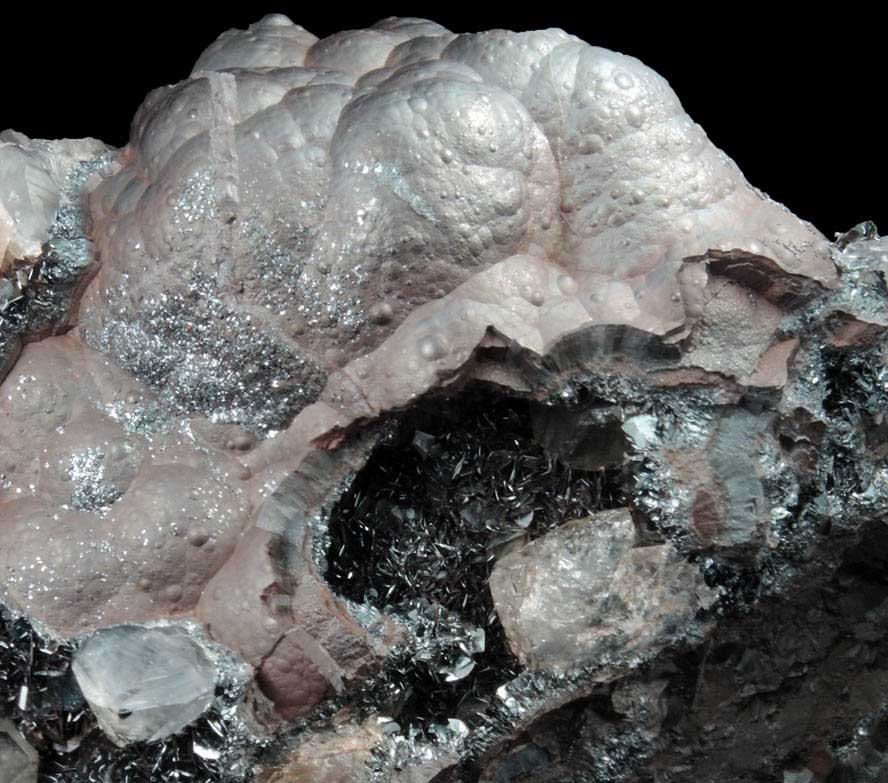 Hematite var. Kidney Ore with Quartz (di-pyramidal habit) on specular Hematite from Florence Mine, Egremont, Egremont, Cumbria, England