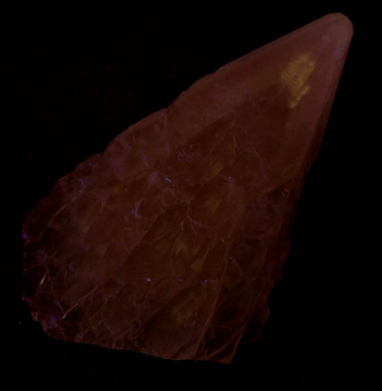 Photo below under shortwave ultraviolet illumination of Calcite with internal phantom-growth zone from Santa Eulalia District, Aquiles Serdán, Chihuahua, Mexico Calcite with internal phantom-growth zone from Santa Eulalia District, Aquiles Serdán, Chihuahua, Mexico