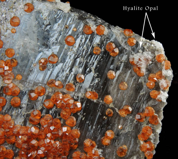 Spessartine Garnet on Smoky Quartz with Hyalite Opal from Tongbei-Yunling District, Fujian Province, China