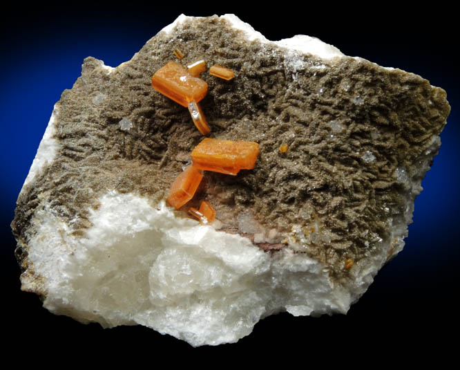 Wulfenite and Vanadinite on Calcite from Erupcion/Ahumada Mine, Sierra de Los Lamentos, Chihuahua, Mexico