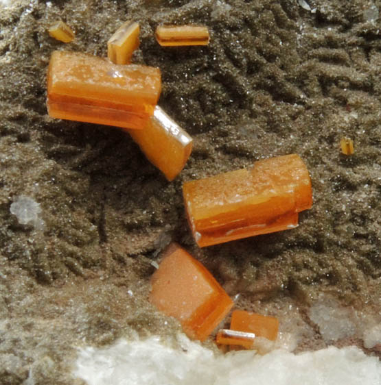 Wulfenite and Vanadinite on Calcite from Erupcion/Ahumada Mine, Sierra de Los Lamentos, Chihuahua, Mexico