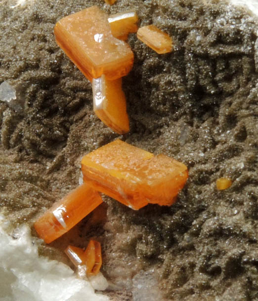 Wulfenite and Vanadinite on Calcite from Erupcion/Ahumada Mine, Sierra de Los Lamentos, Chihuahua, Mexico