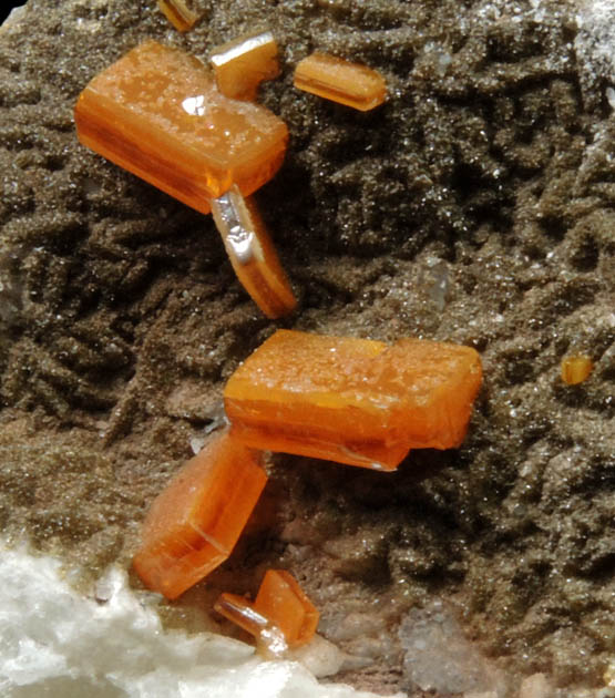 Wulfenite and Vanadinite on Calcite from Erupcion/Ahumada Mine, Sierra de Los Lamentos, Chihuahua, Mexico