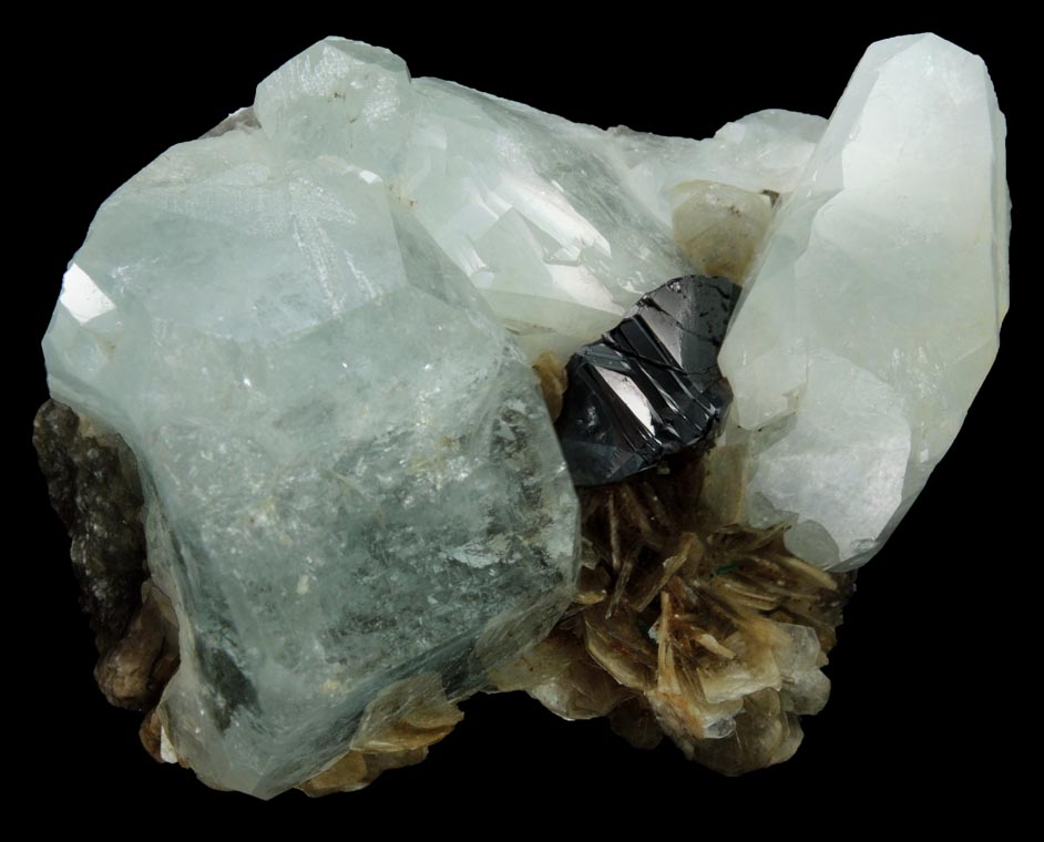 Cassiterite on Beryl var. Aquamarine and Muscovite from Xuebaoding Mountain near Pingwu, Sichuan Province, China