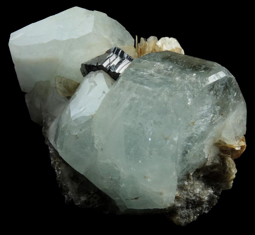 Cassiterite on Beryl var. Aquamarine and Muscovite from Xuebaoding Mountain near Pingwu, Sichuan Province, China