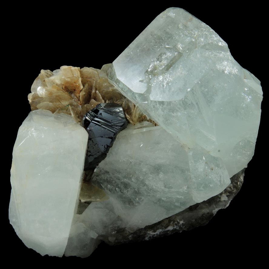 Cassiterite on Beryl var. Aquamarine and Muscovite from Xuebaoding Mountain near Pingwu, Sichuan Province, China