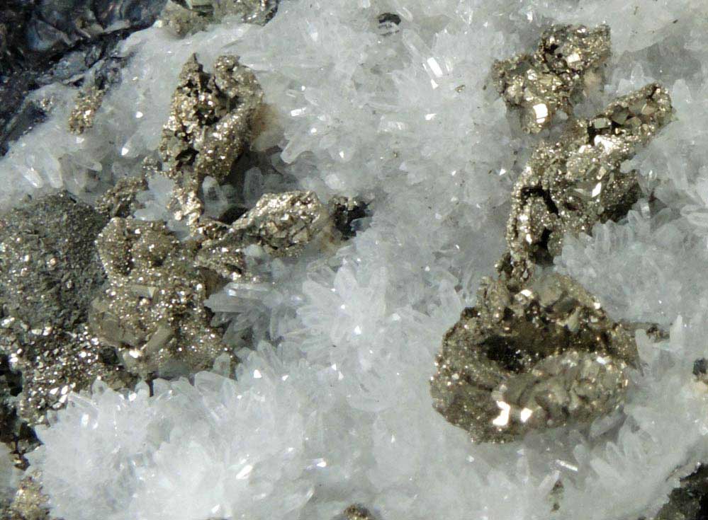 Pyrite pseudomorphs after Pyrrhotite on Quartz with Sphalerite from Keystone Mine, Crested Butte, Gunnison County, Colorado