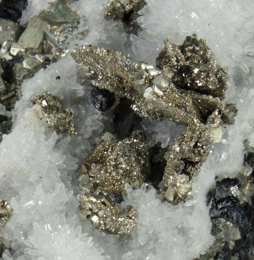 Pyrite pseudomorphs after Pyrrhotite on Quartz with Sphalerite from Keystone Mine, Crested Butte, Gunnison County, Colorado