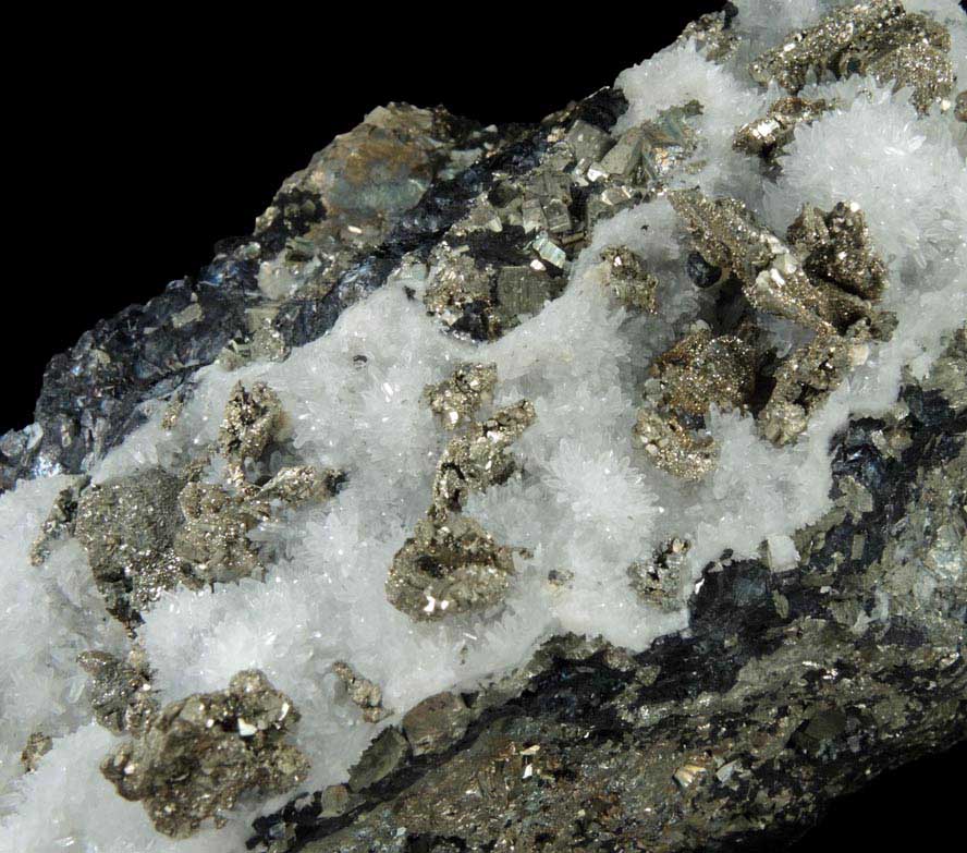 Pyrite pseudomorphs after Pyrrhotite on Quartz with Sphalerite from Keystone Mine, Crested Butte, Gunnison County, Colorado