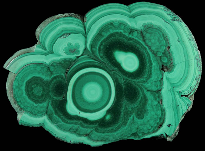 Malachite (concentric growth malachite polished slice) from Kolwezi Mining District, 240 km WNW of Lubumbashi, Katanga Copperbelt, Lualaba Province, Democratic Republic of the Congo
