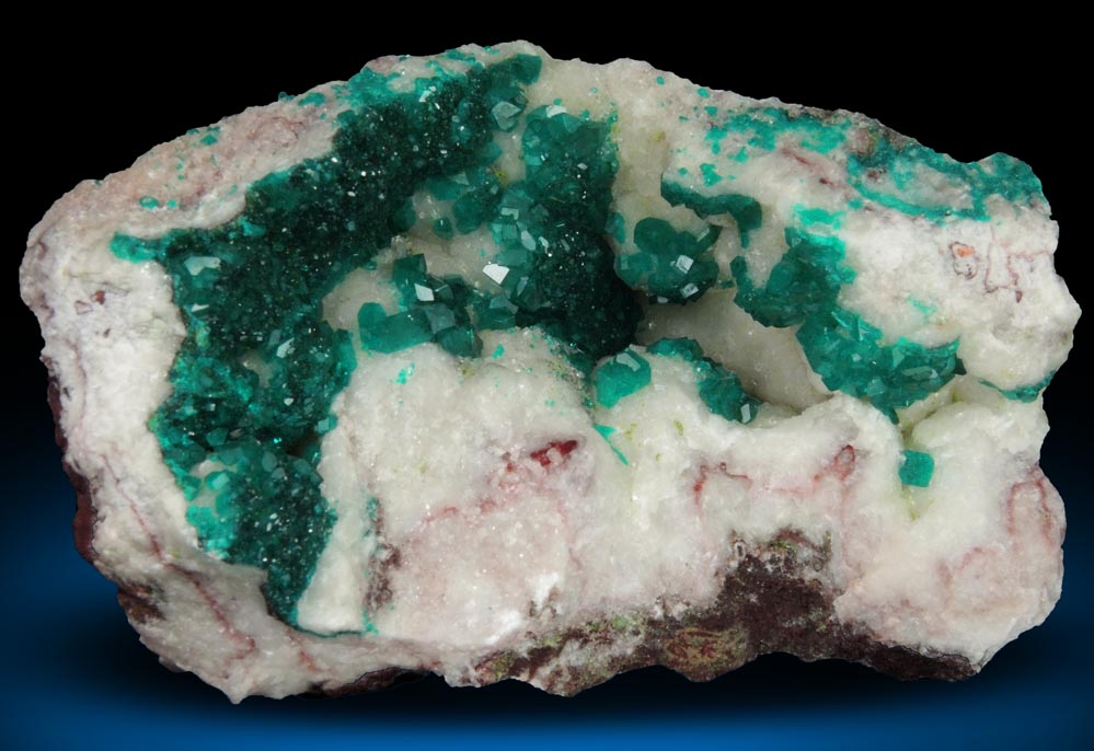 Dioptase on Calcite from Tsumeb Mine, Otavi-Bergland District, Oshikoto, Namibia