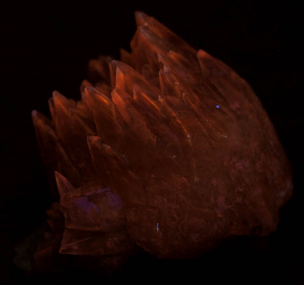 Photo below under shortwave ultraviolet illumination of Calcite over Fluorite from Minerva #1 Mine, Cave-in-Rock District, Hardin County, Illinois Calcite over Fluorite from Minerva #1 Mine, Cave-in-Rock District, Hardin County, Illinois