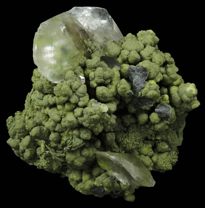 Calcite on Mottramite from Tsumeb Mine, Otavi-Bergland District, Oshikoto, Namibia