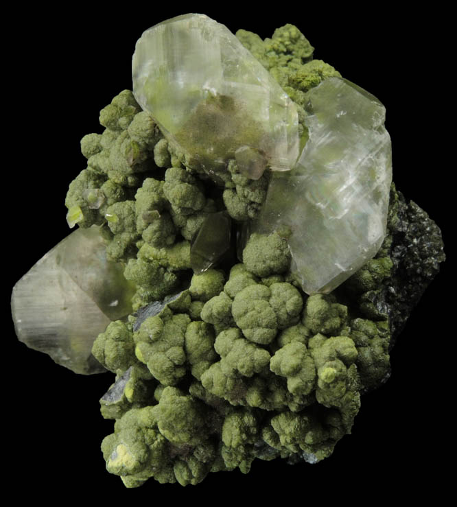 Calcite on Mottramite from Tsumeb Mine, Otavi-Bergland District, Oshikoto, Namibia