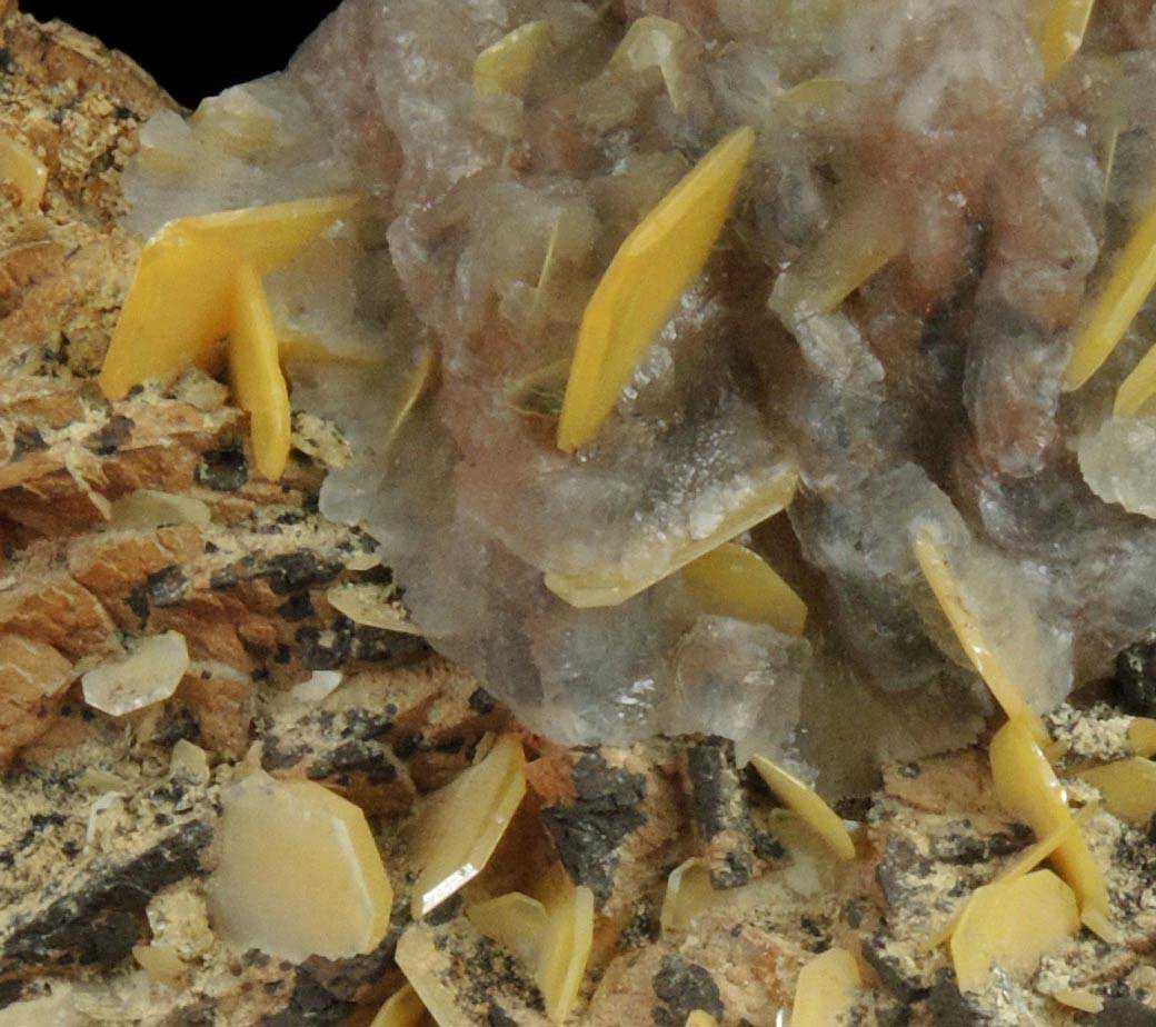 Wulfenite and Calcite over Barite from Touissit Mine, 21 km SSE of Oujda, Jerada Province, Oriental, Morocco