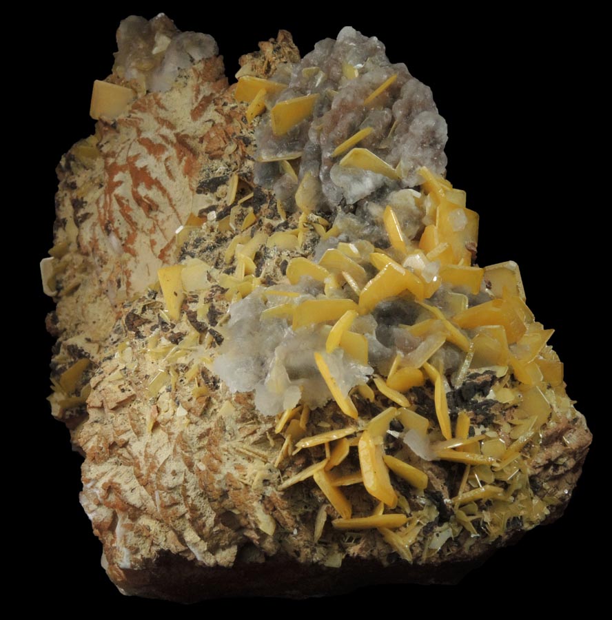 Wulfenite and Calcite over Barite from Touissit Mine, 21 km SSE of Oujda, Jerada Province, Oriental, Morocco