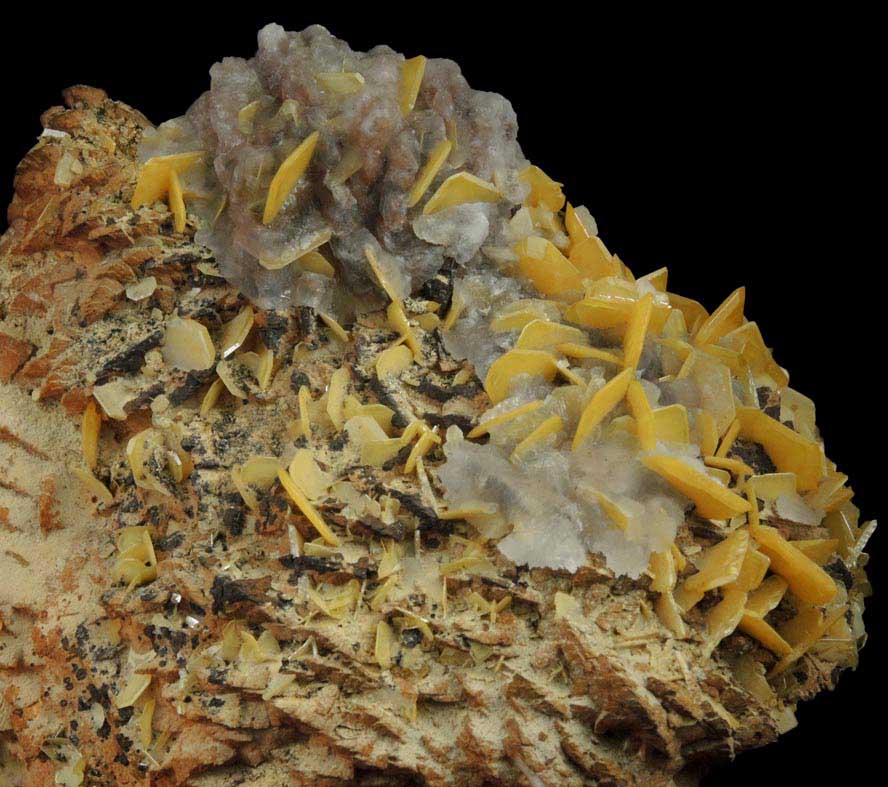 Wulfenite and Calcite over Barite from Touissit Mine, 21 km SSE of Oujda, Jerada Province, Oriental, Morocco