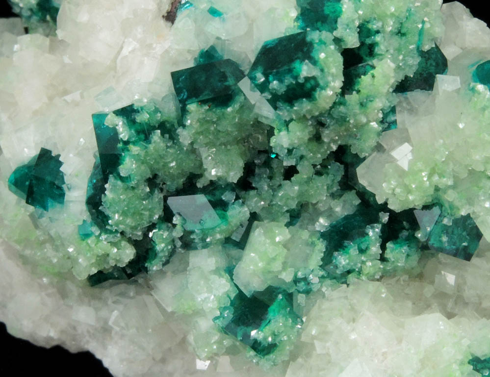 Dioptase and Calcite with Duftite inclusions from Tsumeb Mine, Otavi-Bergland District, Oshikoto, Namibia (Type Locality for Duftite)