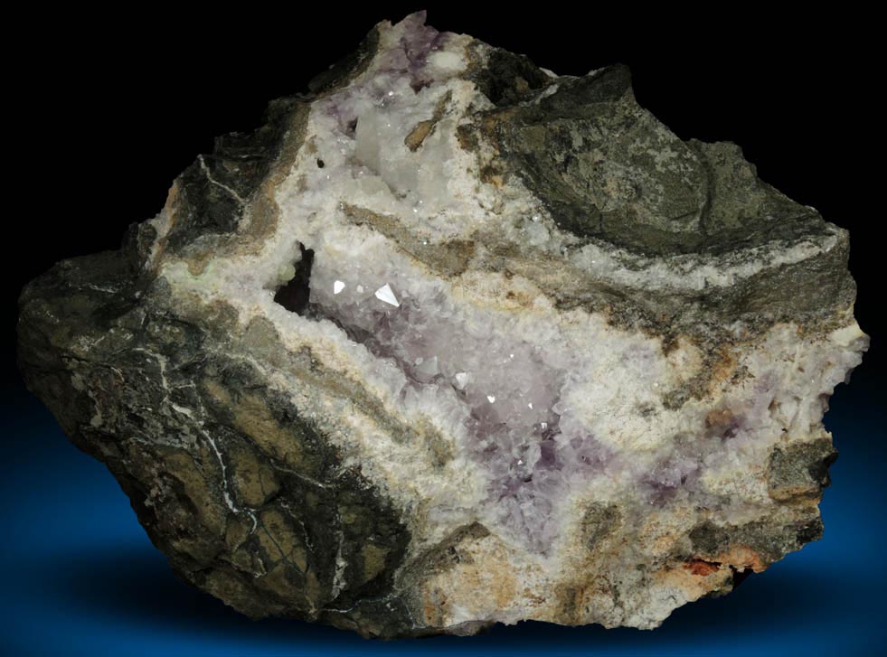 Quartz var. Amethyst with Prehnite, Heulandite and molds after Anhydrite from Upper New Street Quarry, Paterson, Passaic County, New Jersey