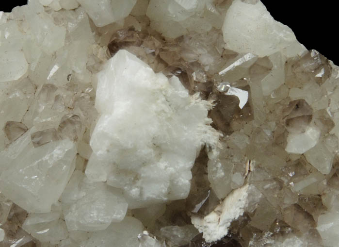 Calcite, Smoky Quartz, Palygorskite from Connecticut Agstone Quarry, Danbury, Fairfield County, Connecticut